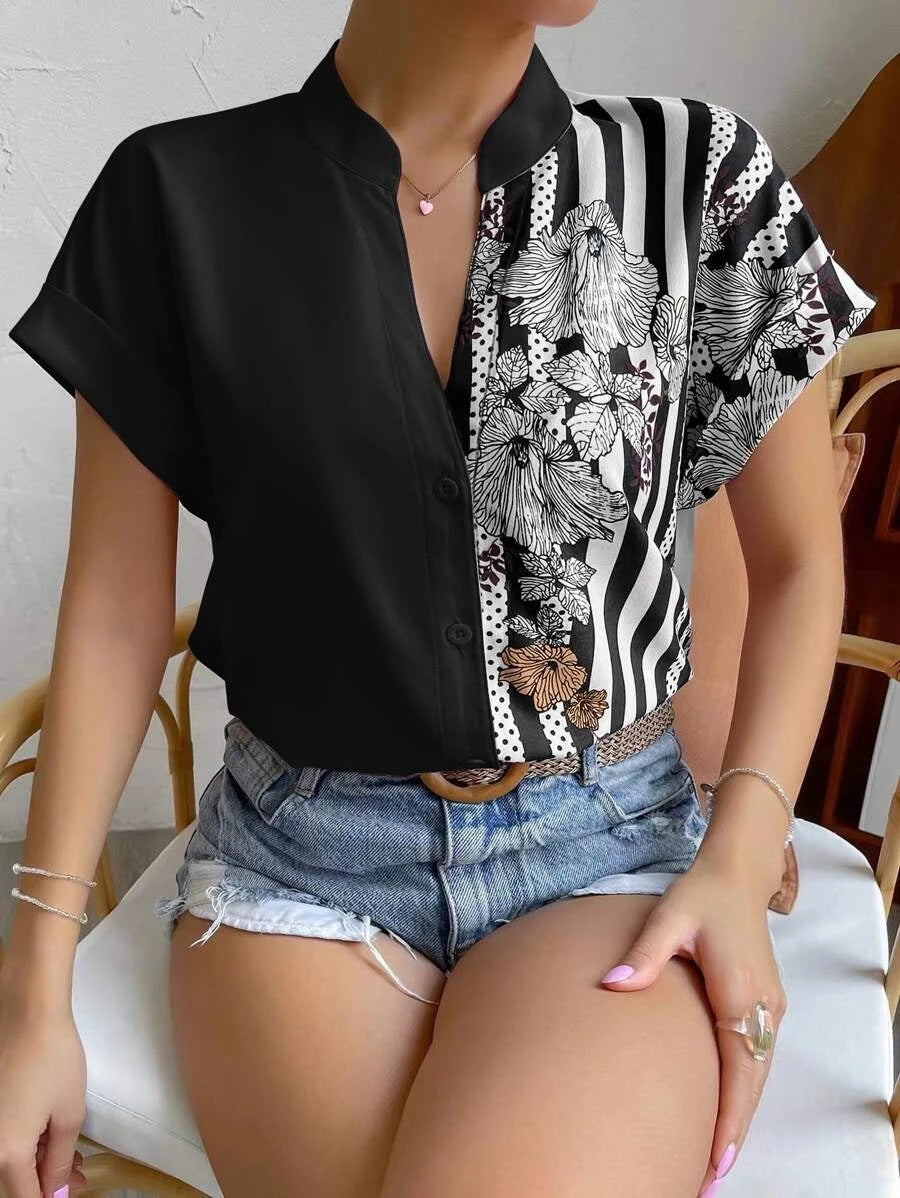 Women Contrast Floral Button Short Sleeve Shirt 4