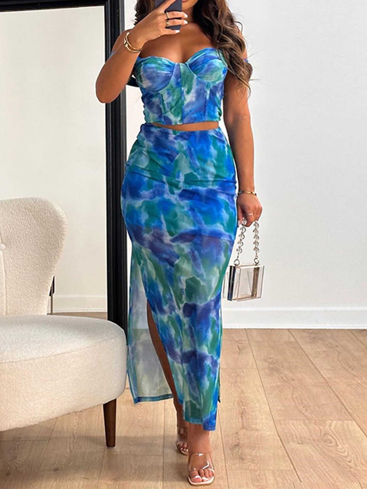 Women Sexy Top and Mesh Print Slit Skirt Two-piece Set 9