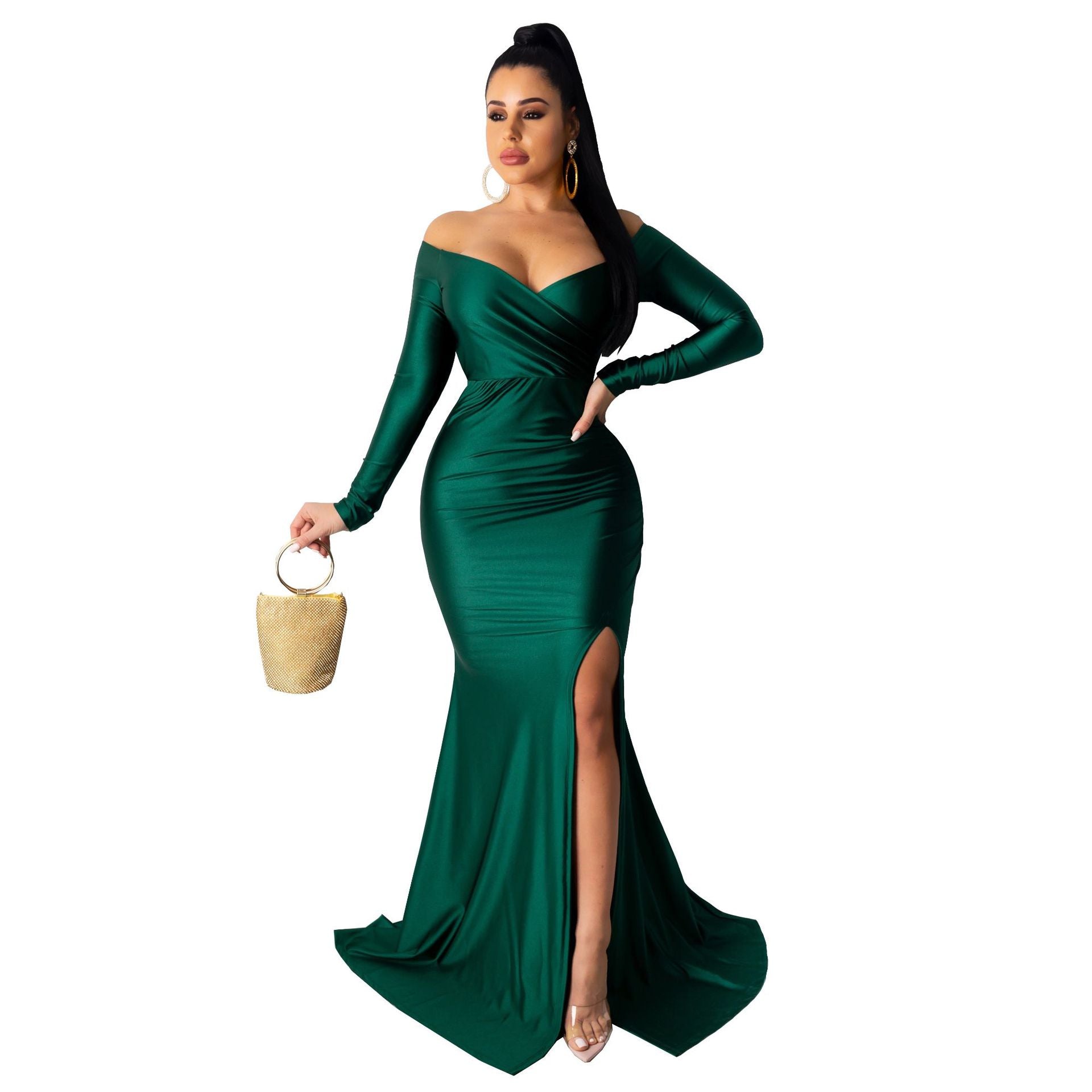 Women Sexy V-Neck Dress Solid Slit Long Sleeve Maxi Dress 16