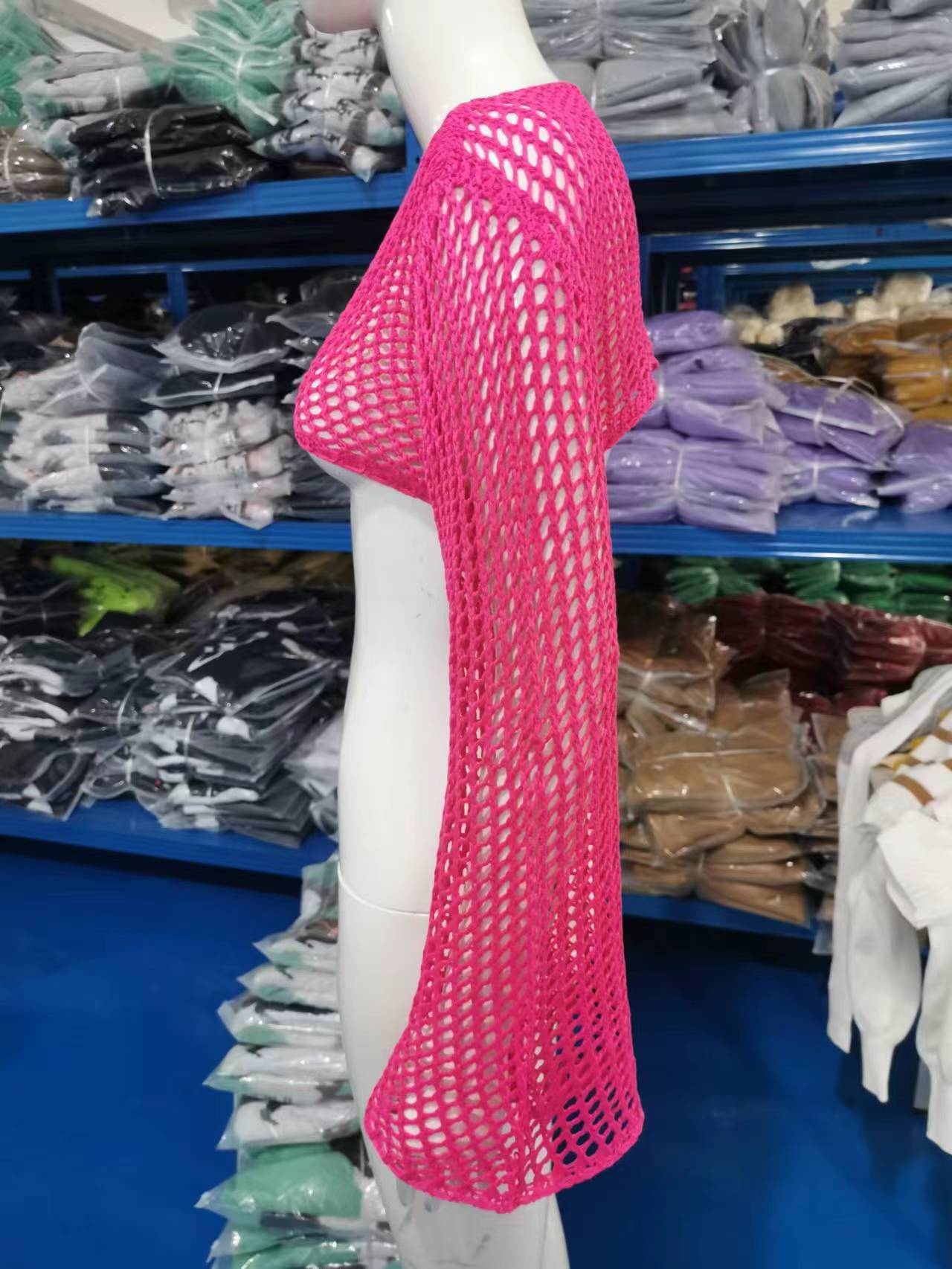 Sexy Hollow Knitting Shirt Solid Color Round Neck Long-Sleeved Cape Blouse 40