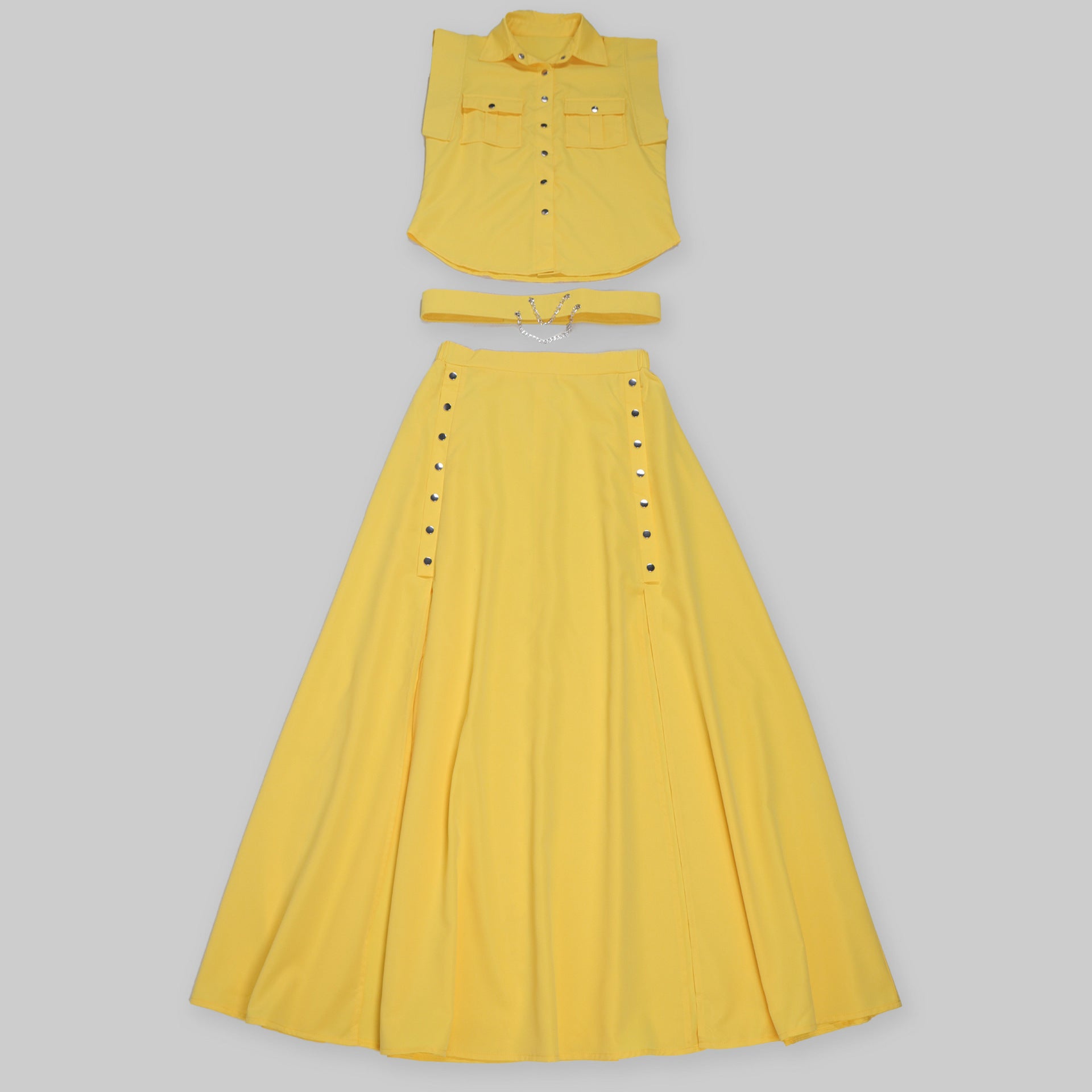 Elegant Career Solid Color Turndown Collar Sleeveless Shirt Slit Long Skirt Two-Piece Set 17