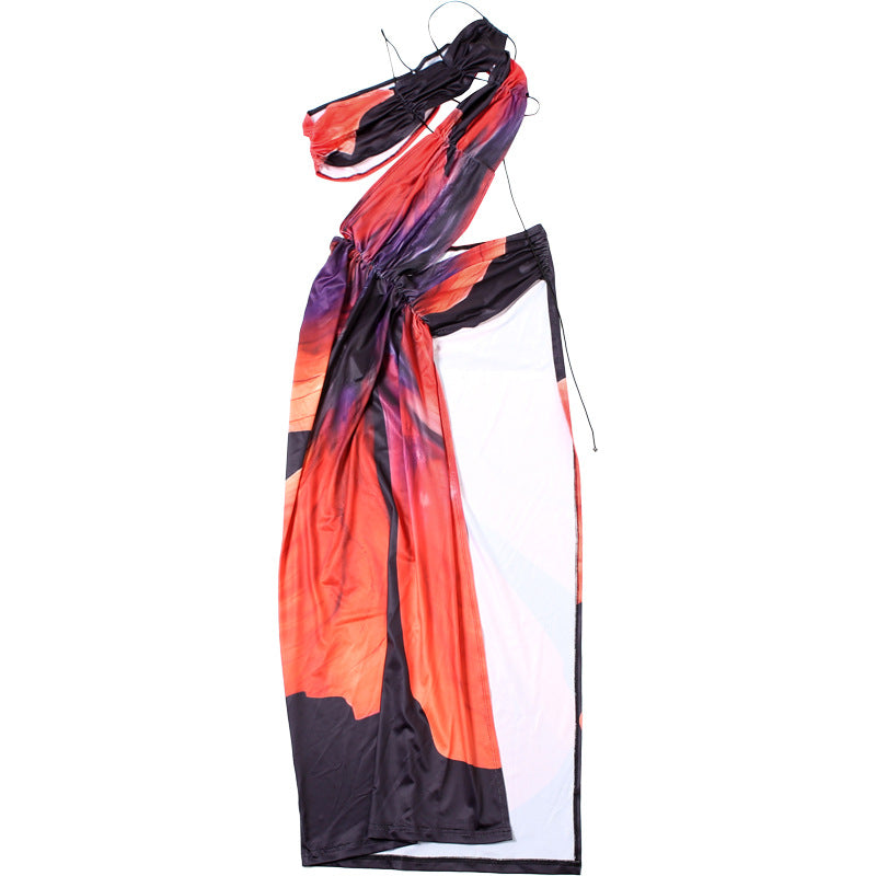 Women Sexy Slash Shoulder Lace-up Backless Contrast Color Slit Dress 9