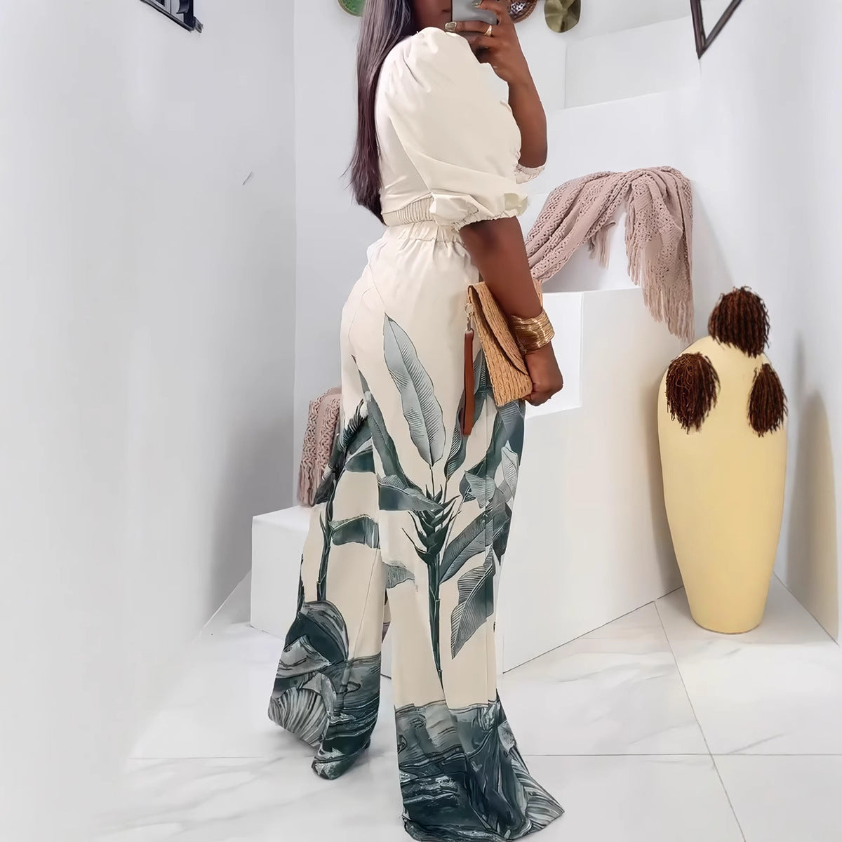 V-Neck Lantern Sleeve Top Printed Wide-Leg Pants Suit 4
