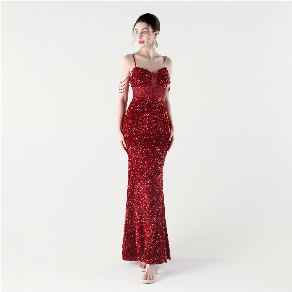 Women Fishbone Beaded Beaded Applique Dinner Evening Dress 9