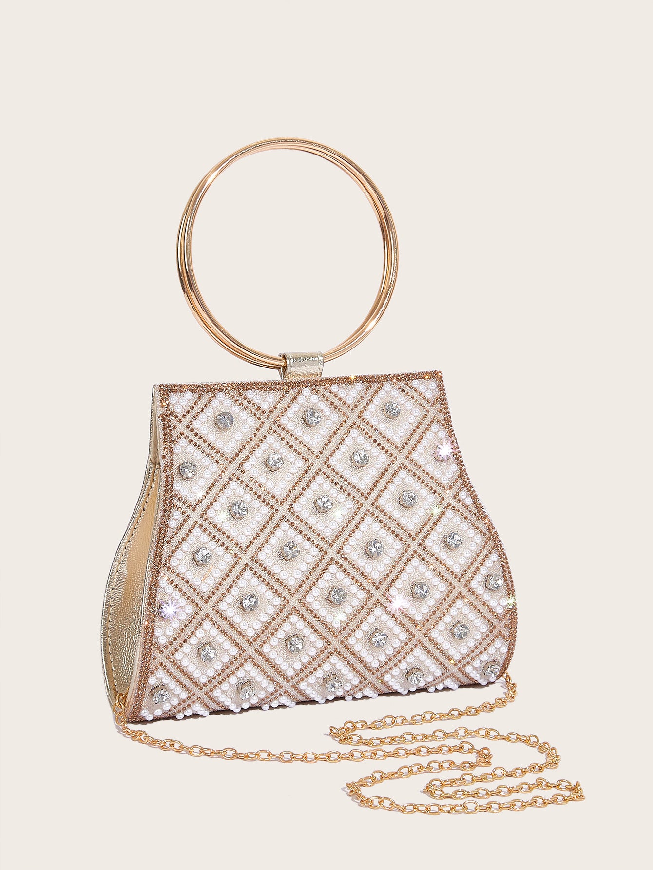 Women Pearl Diamond Evening Bag Wrist Ring Clutch 7