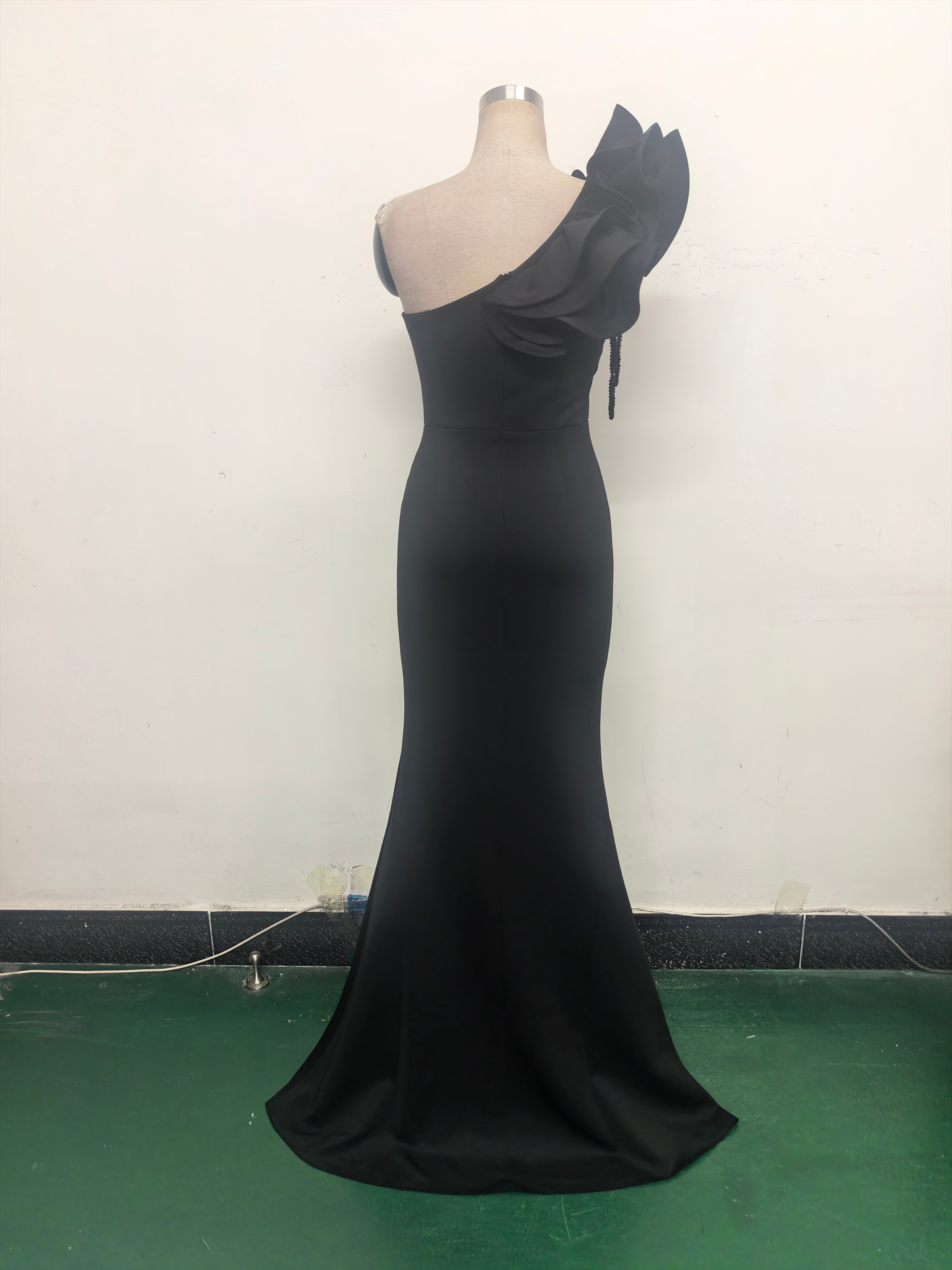 Women One-Shoulder Beaded Wool and Floral Satin Slit Sexy Evening Dress 29