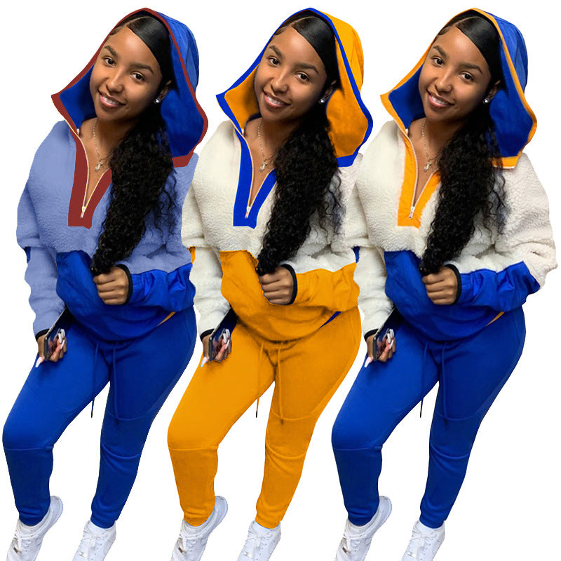 Women Autumn and Winter Casual Color Block Lamb Wool Hoodies Sports Two-piece Set 6