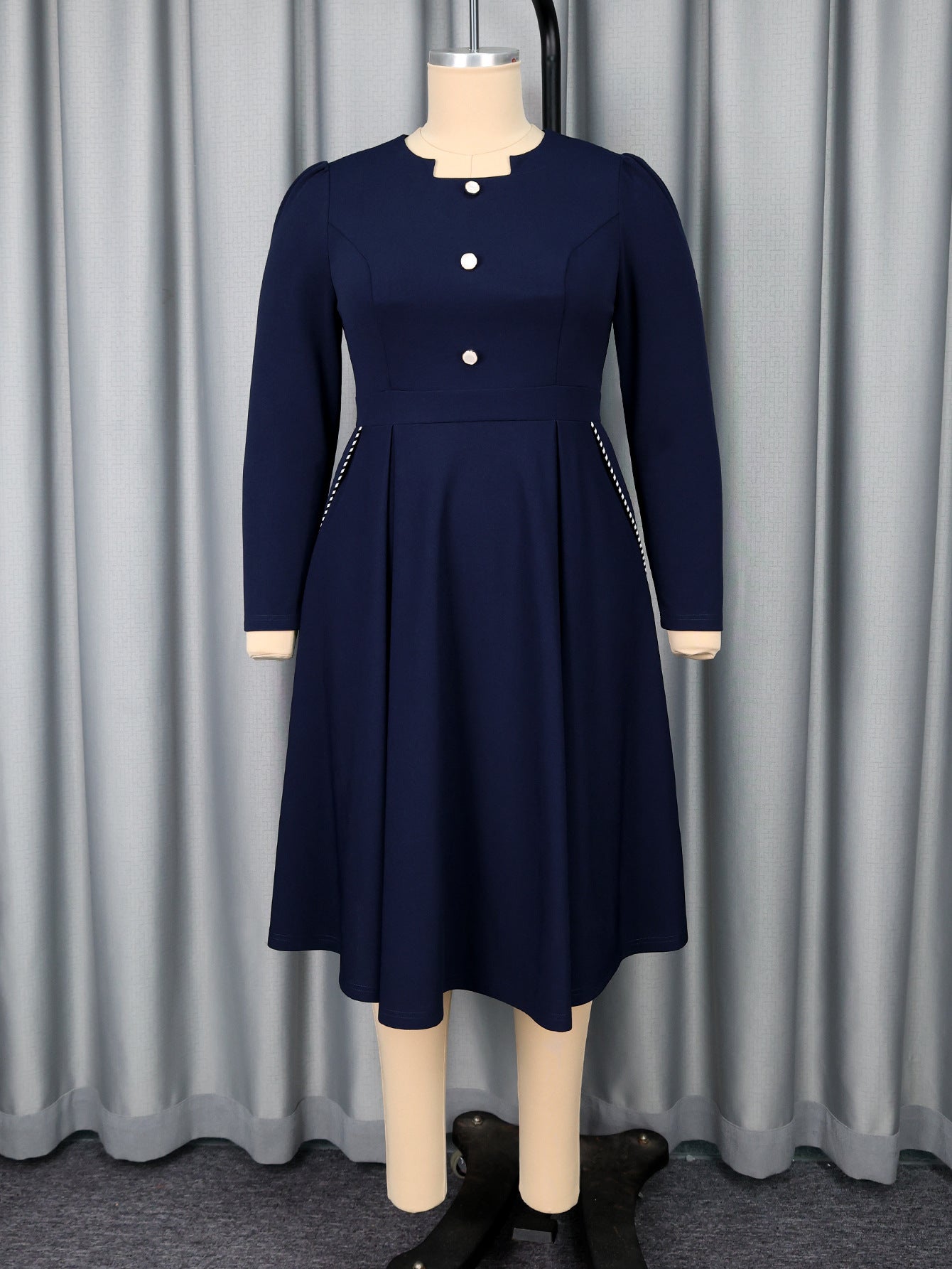 Plus-Size Women Long-Sleeved Round Neck Button Elegant Maxi Dress 9