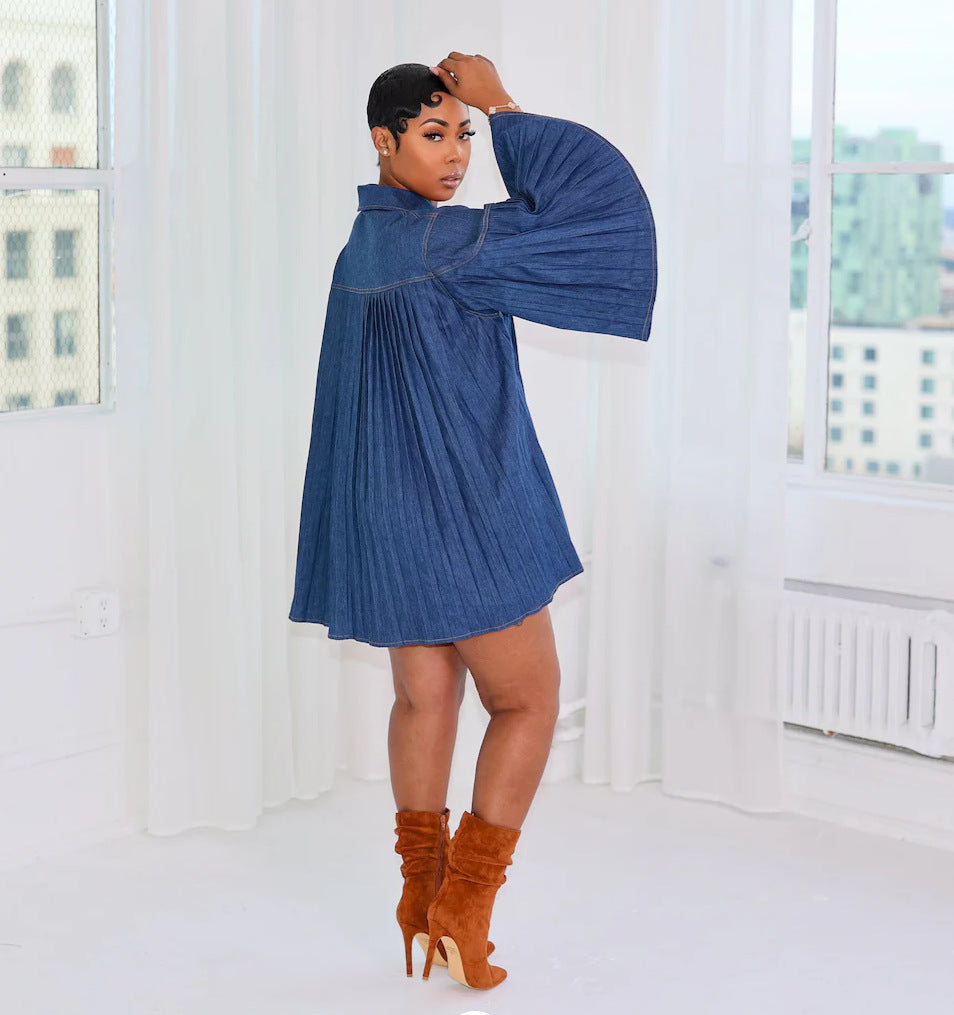 Women Elegant Loose Denim Patchwork Dress 3