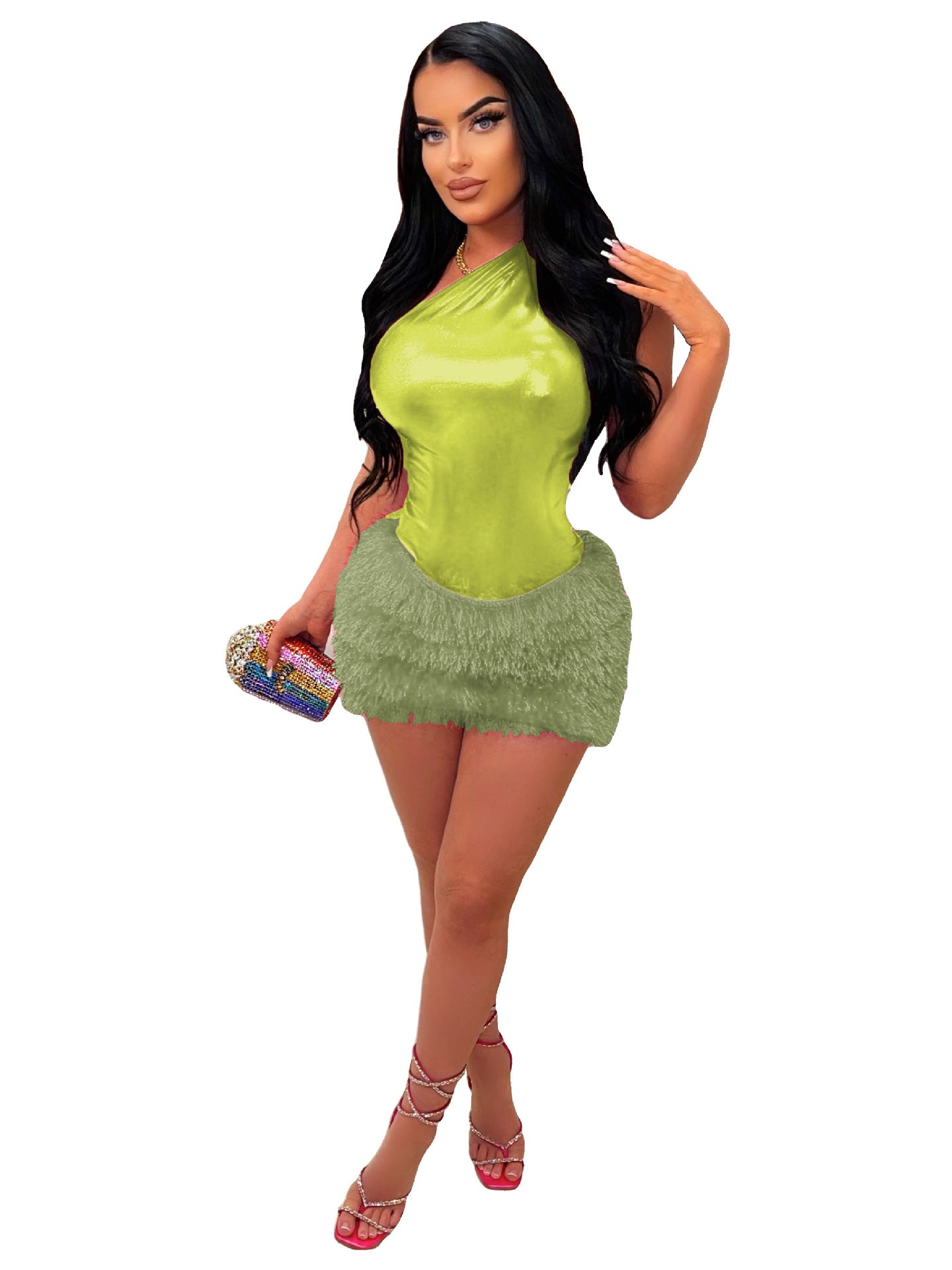 Women's Solid Color Glossy Bodysuit Sexy Short Skirt Two-Piece Set 22