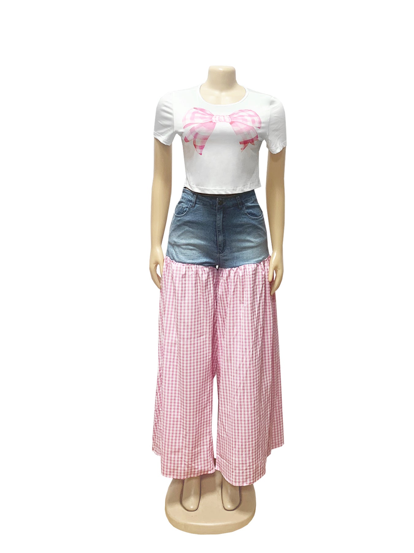 Women Patchwork Plaid Print T-shirt Casual Wide Leg Pants Two-piece Set 24