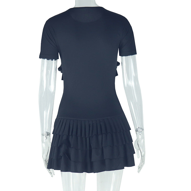 Women's Fashion Solid Color Tight Fitting Short Sleeve Round Neck Pleated Short Dress 10