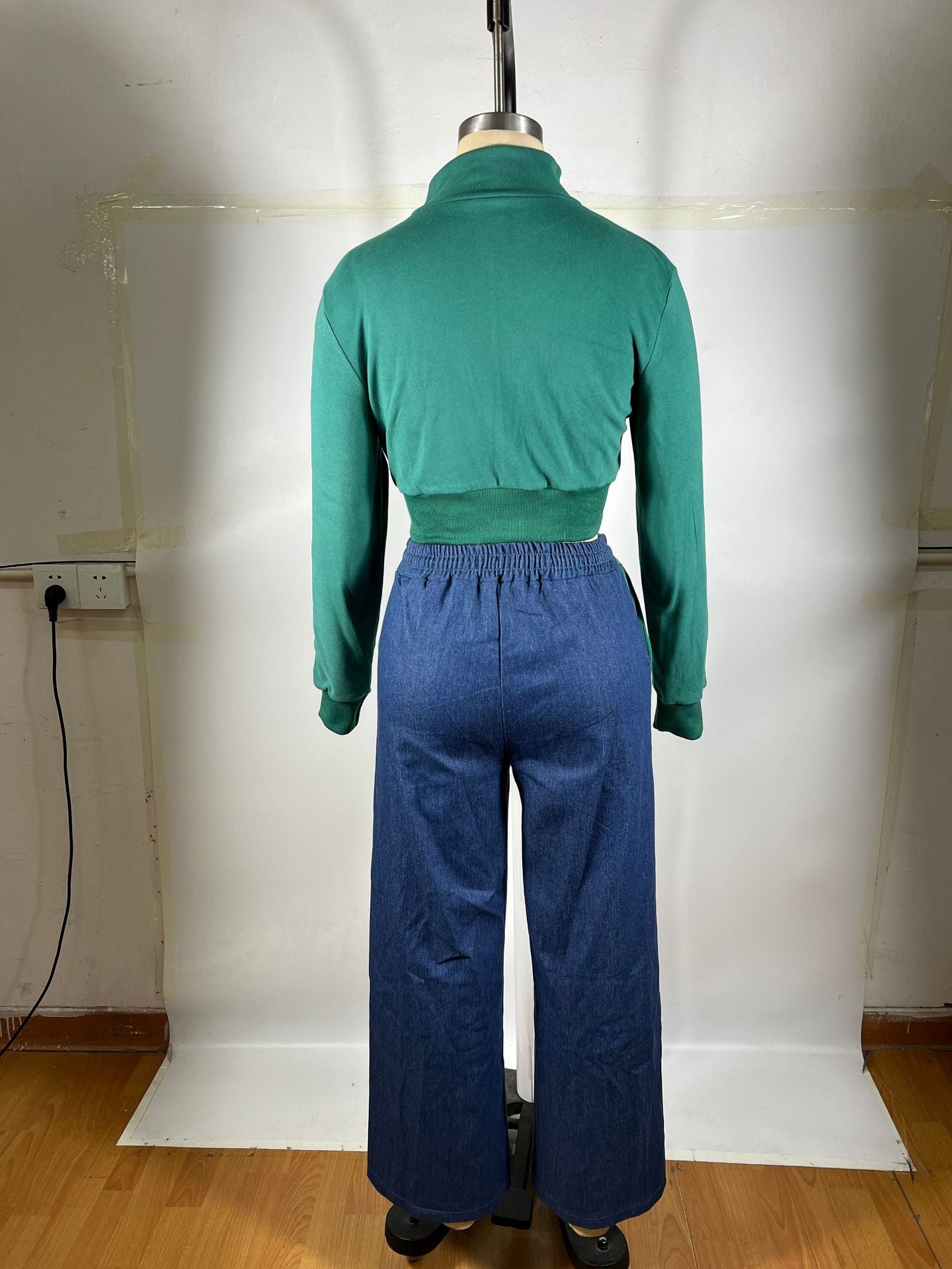 Women Top and Denim Patchwork Pants Two-Piece Set 9