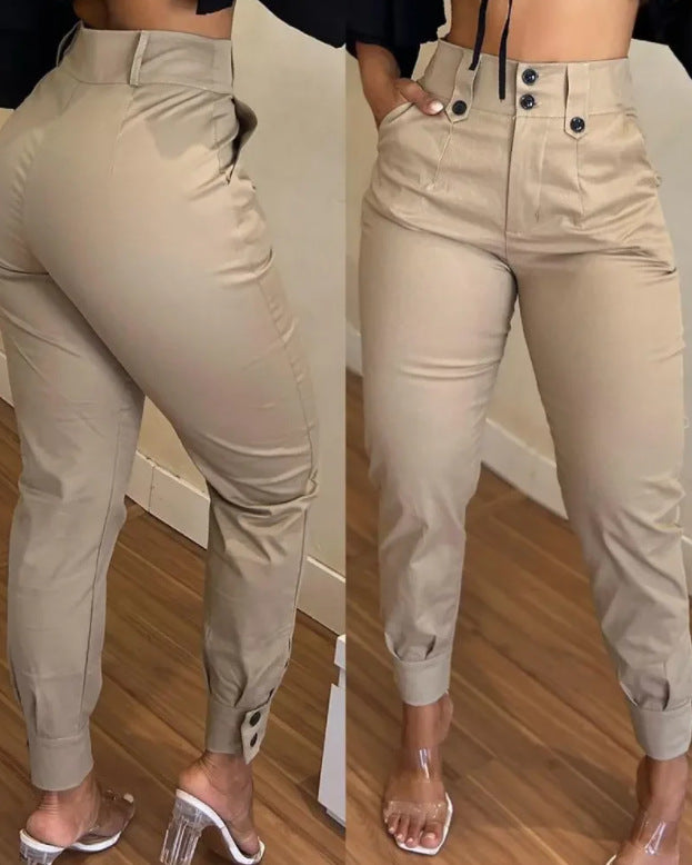 fashion high waist button pocket Casual Cargo pants for women