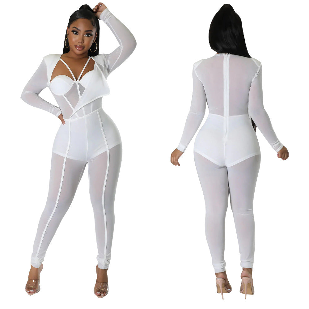 Women Sexy See-Through V-Neck Jumpsuit 9