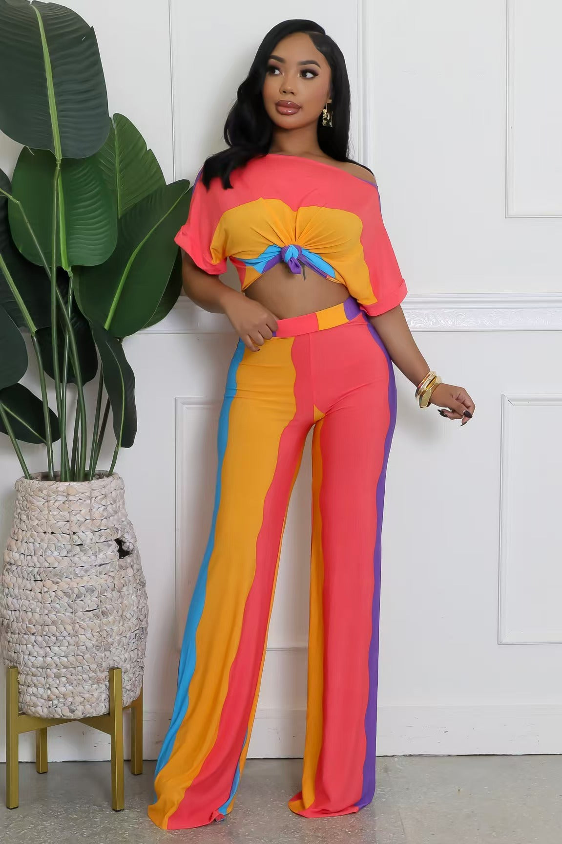 African Print Plus Size Casual Multi-Color Wide Neck Short-Sleeve Two-Piece Pants Set 3