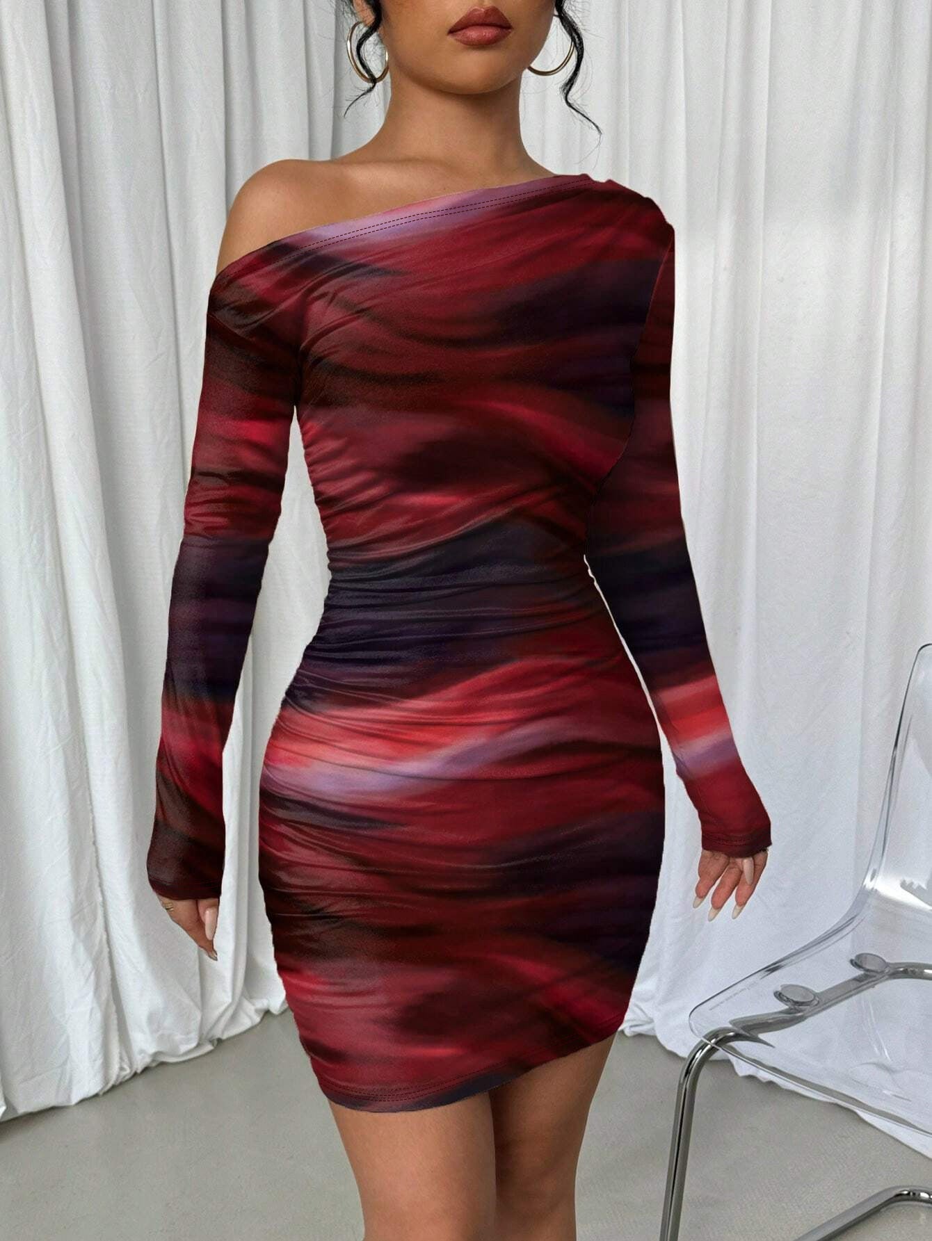 Women Printed Slash Shoulder Long Sleeve Bodycon Dress 4