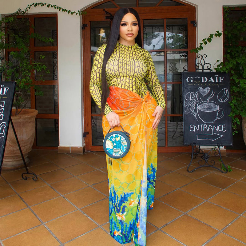 Fashion Patchwork Women's Printed Ruched Round Neck Long Sleeve Slit Dress