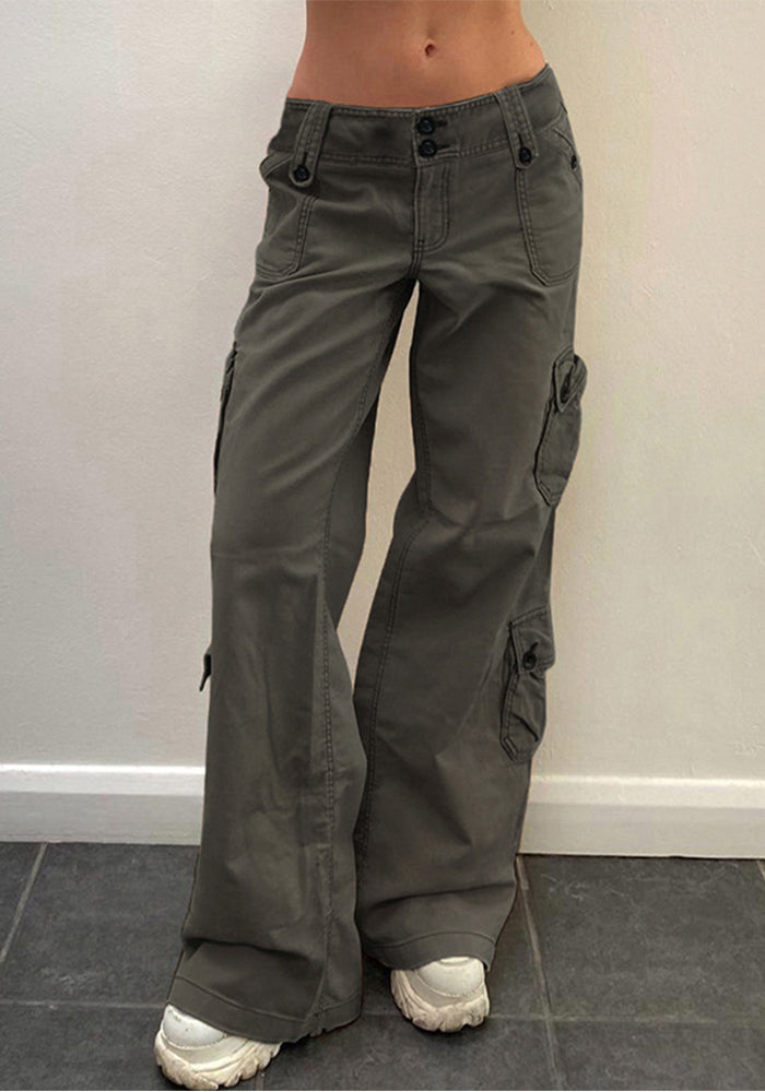 Pockets Cargo Denim Pants Low Waist Solid Color Loose Casual Trousers