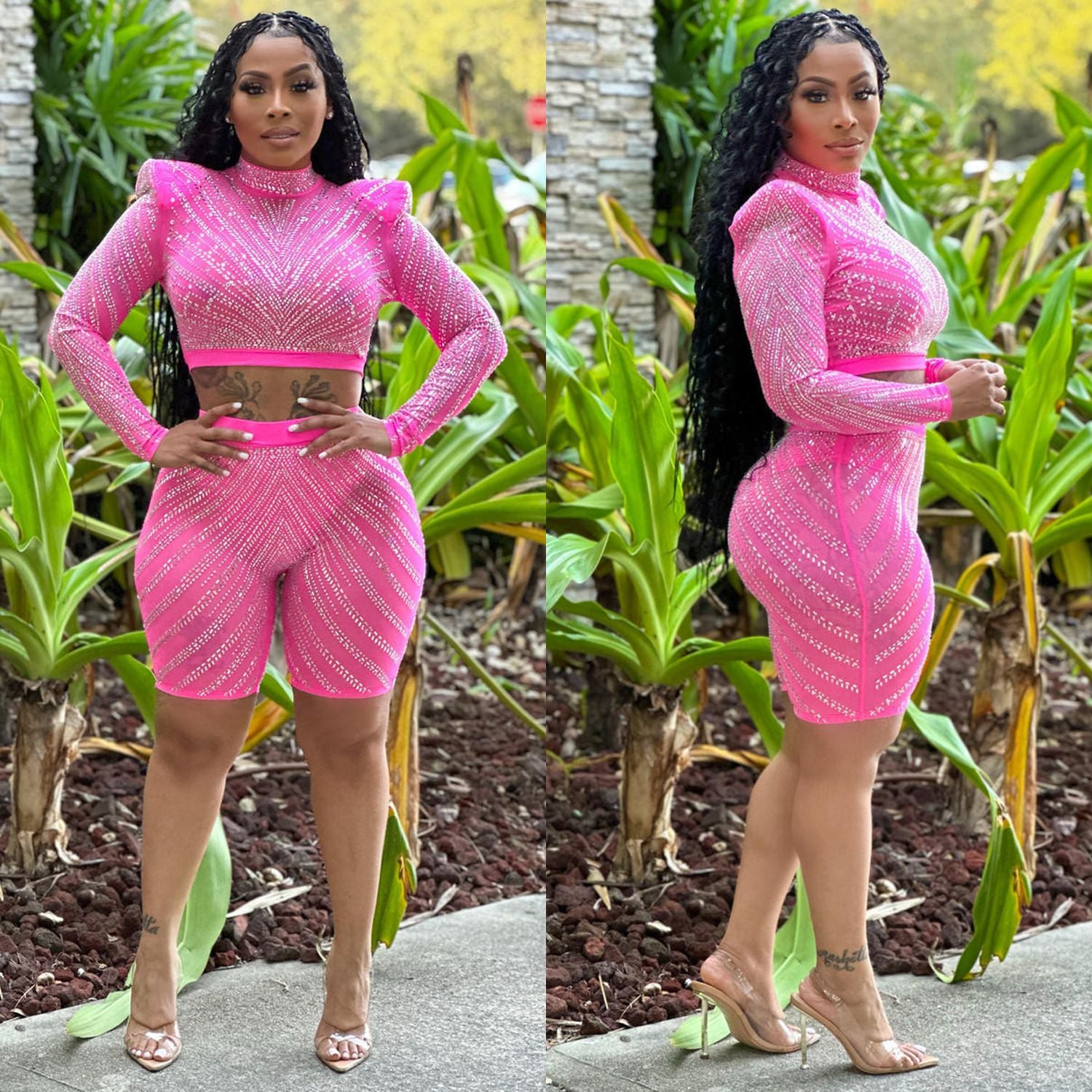 Summer Women's Sexy Tight Fitting Mesh See-Through Long Sleeve Beaded Two-Piece Suit 4