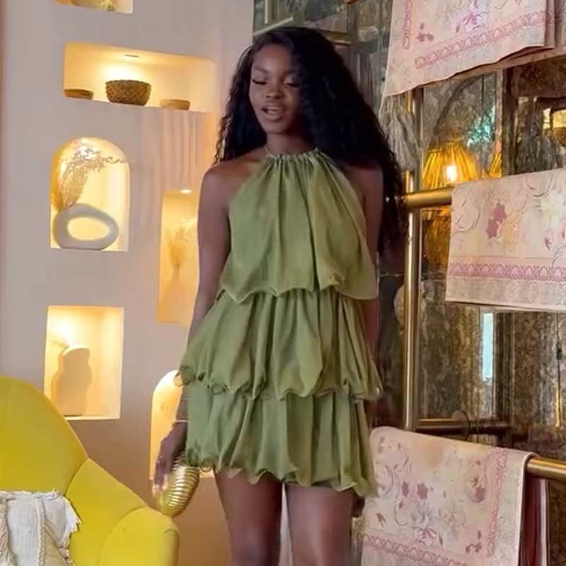 African Chic Sweet Halter Neck Sexy Sleeveless Solid Color Ruffled Mini Dress 5