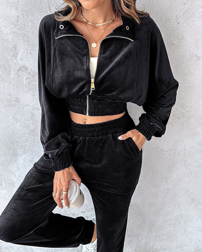 Women Turndown Collar Zipper Velvet Hoodies And Casual Sweatpants Two-Piece Set 4