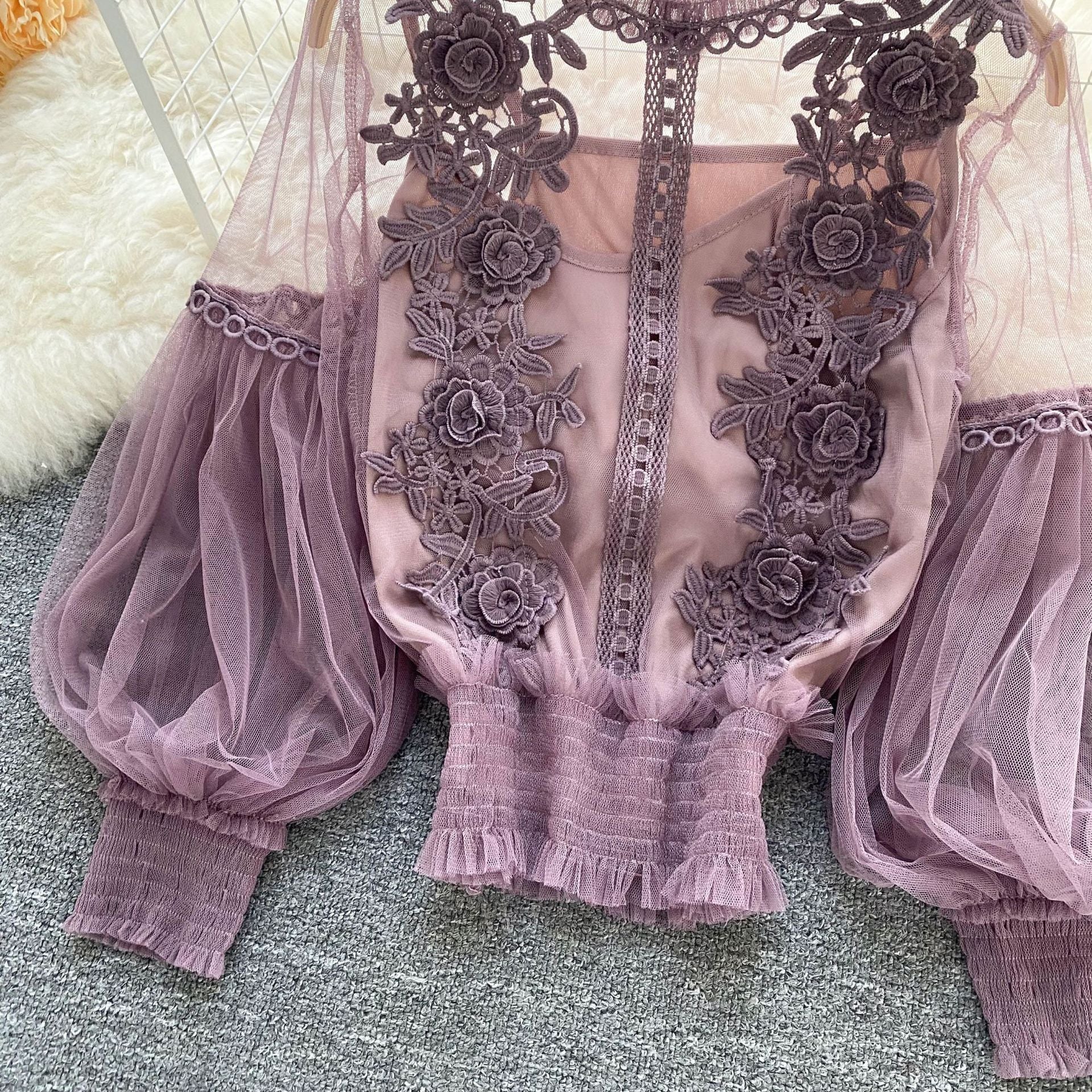 Women Flowers See-Through Mesh Lantern Sleeves lace crop Top 18