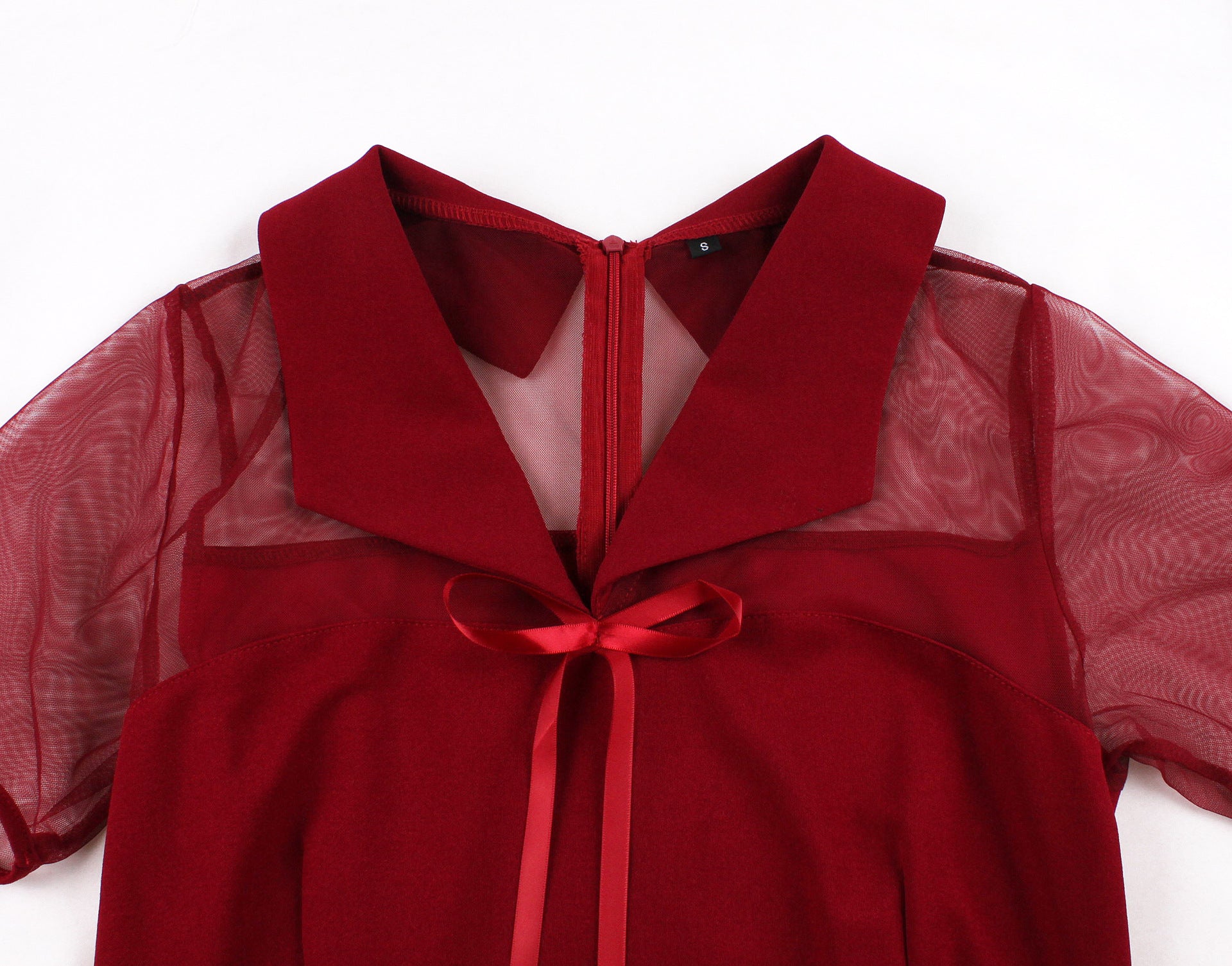 Women's Slim Waist Turndown Collar Bow Short Sleeve Chic Elegant A-Line Dress 23