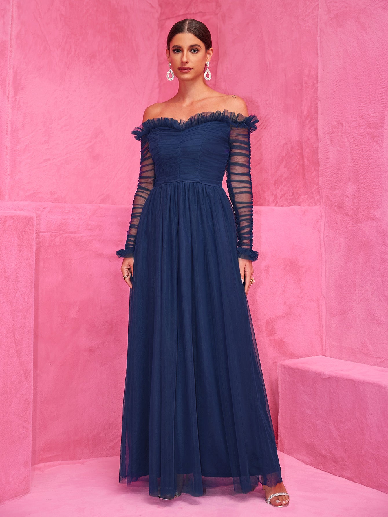 Women Patchwork Chiffon Off Shoulder Lace Evening Dress