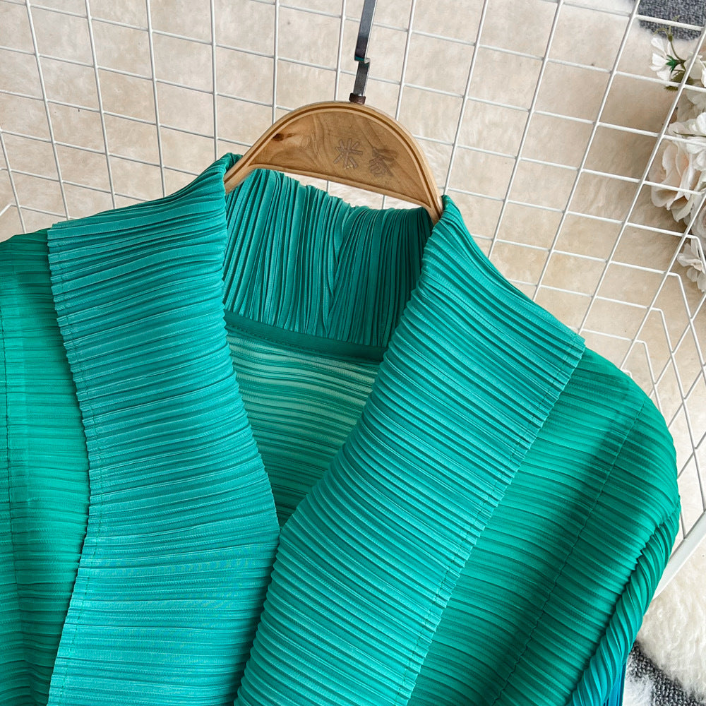 Women Pleated Long Sleeve Turndown Collar Lace-up Gradient Dress 11