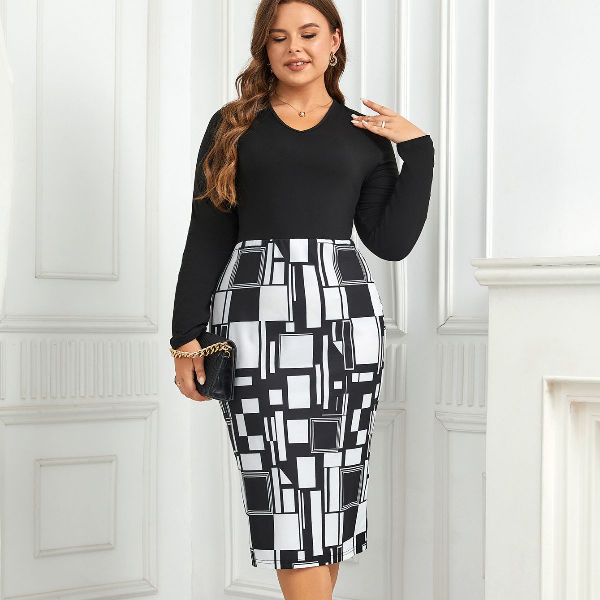Plus Size Women Printed Long Sleeve Round Neck Dress 7