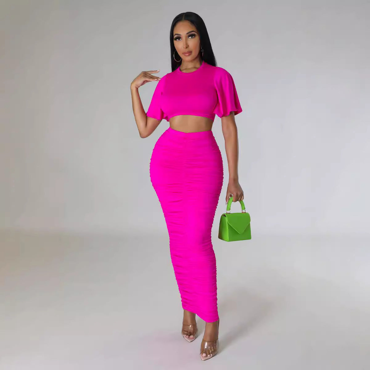 Solid Color Sexy Short-Sleeved Crop Top Slim Long Skirt Two Piece Set 6