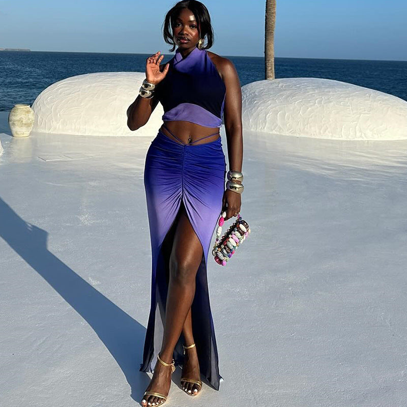 Women's Fashion Printed Sexy Sleeveless Low Back Vest Split Skirt Two-Piece Set 5