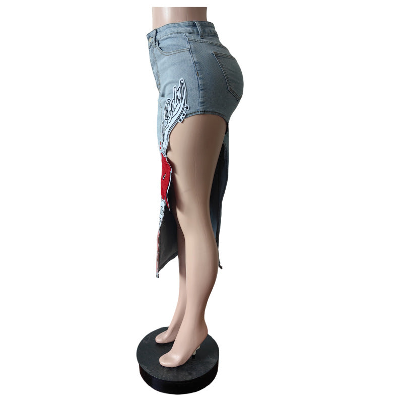 Stretch Letter Embroidered Seven-Part Denim Skirt 7