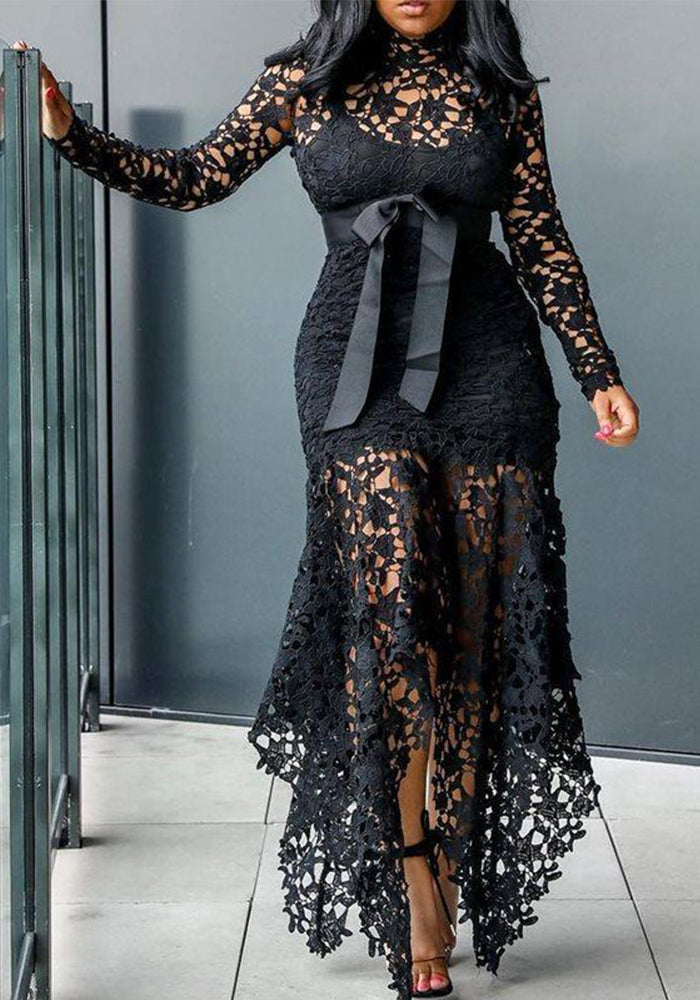 Women Lace Hollow Long Sleeve Stand Collar Lace Irregular Dress
