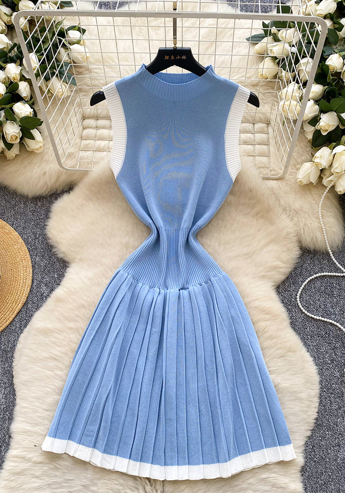 Women's Summer Sleeveless Knitting Slim Waist Contrast Color Pleated Dress