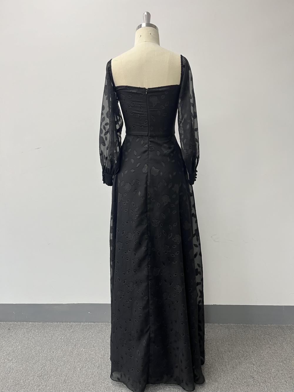 Black Off-Shoulder Long Sleeve Chiffon Embroidered High Slit Evening Dress 10