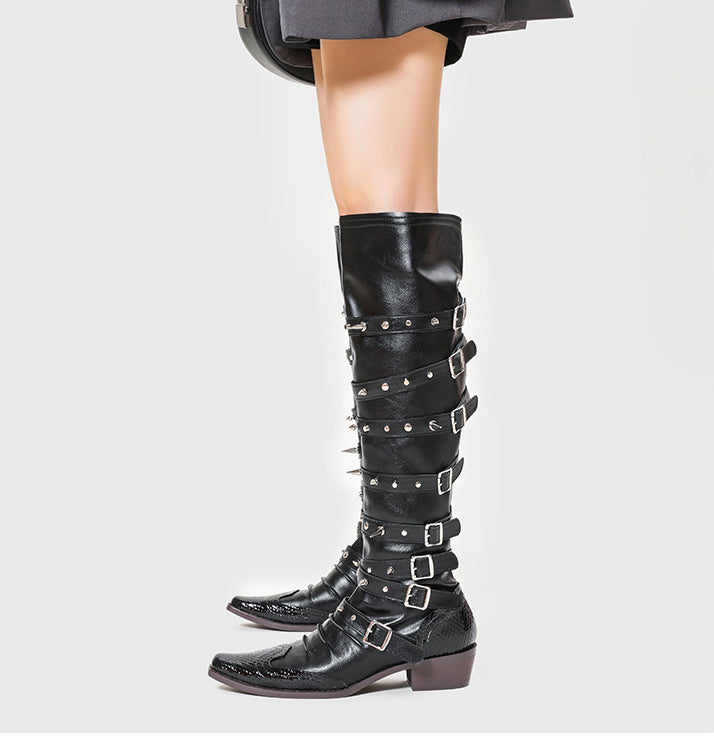 Punk Gothic Wide-Tube Leather Pointed Rivet Long Boots 5
