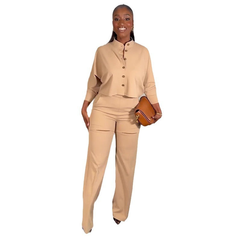 Women Autumn Solid Turndown Collar long-sleeved shirt and wide-leg Pant Casual two-piece set 5