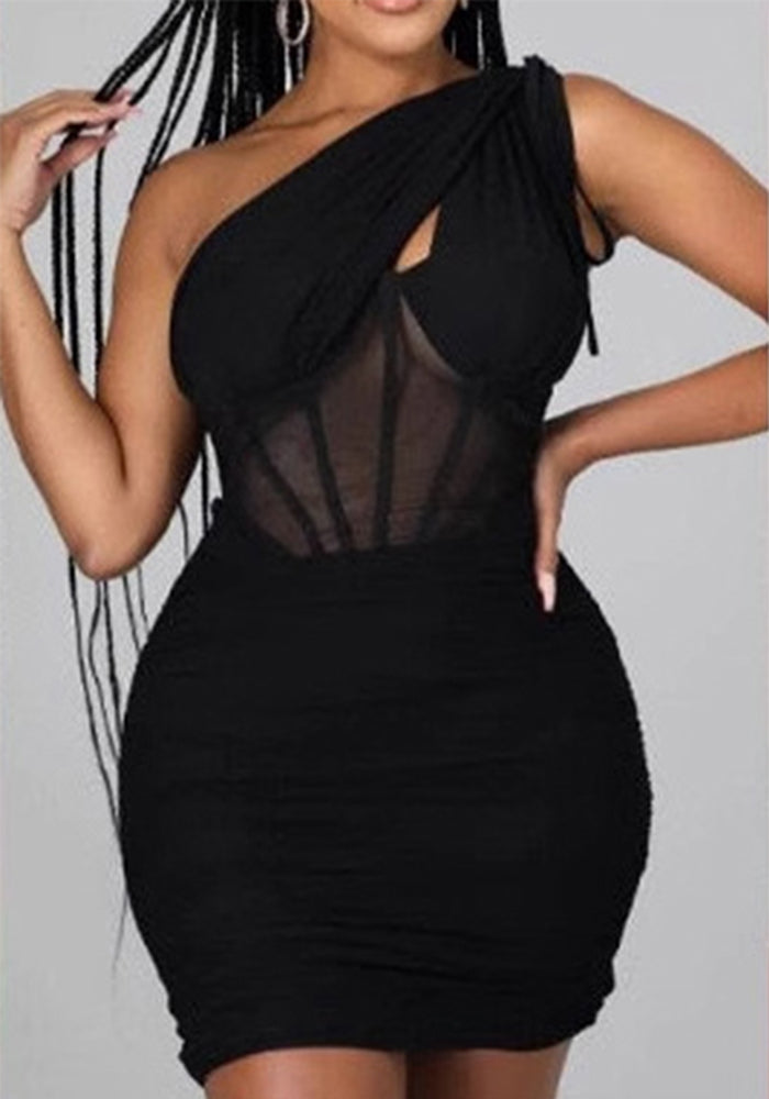 Women sexy Slash Shoulder See-Through Bodycon Solid Dress