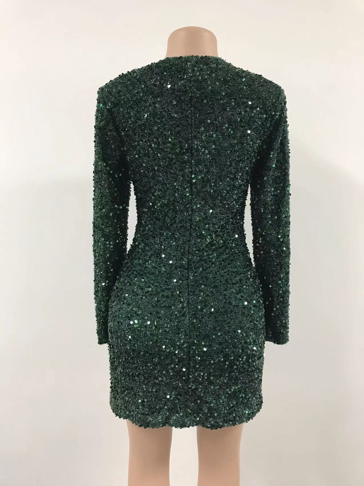 Women Sexy Black Sequins double breasted long sleeve career dress 11