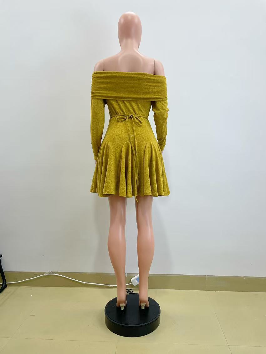 Women Spring Off Shoulder Long Sleeve Sexy Turndown Collar Dress 6