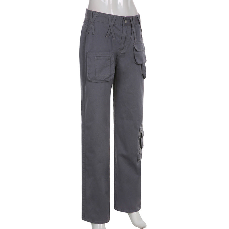 Street Hipster Women Clothing Casual Loose Drawstring Belt High Waist  Grey Wide Leg Denim Cargo Pants 15