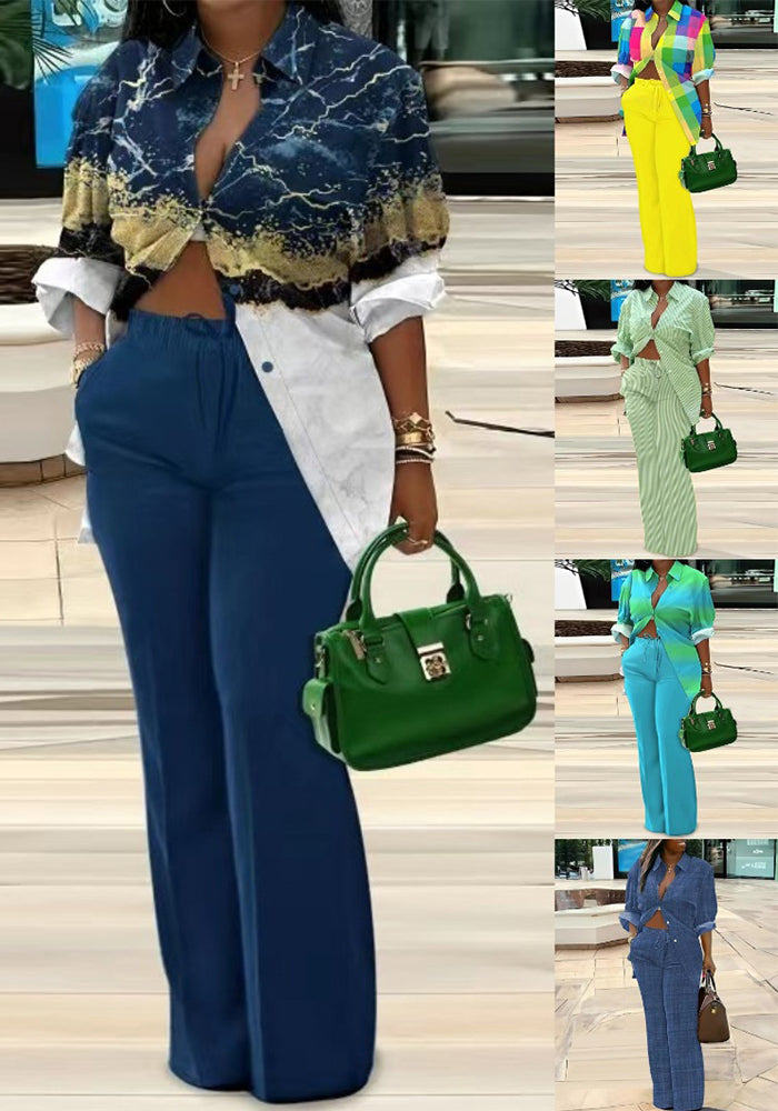 Women's Fashion Casual Print Long Sleeve Shirt Pants two piece Set