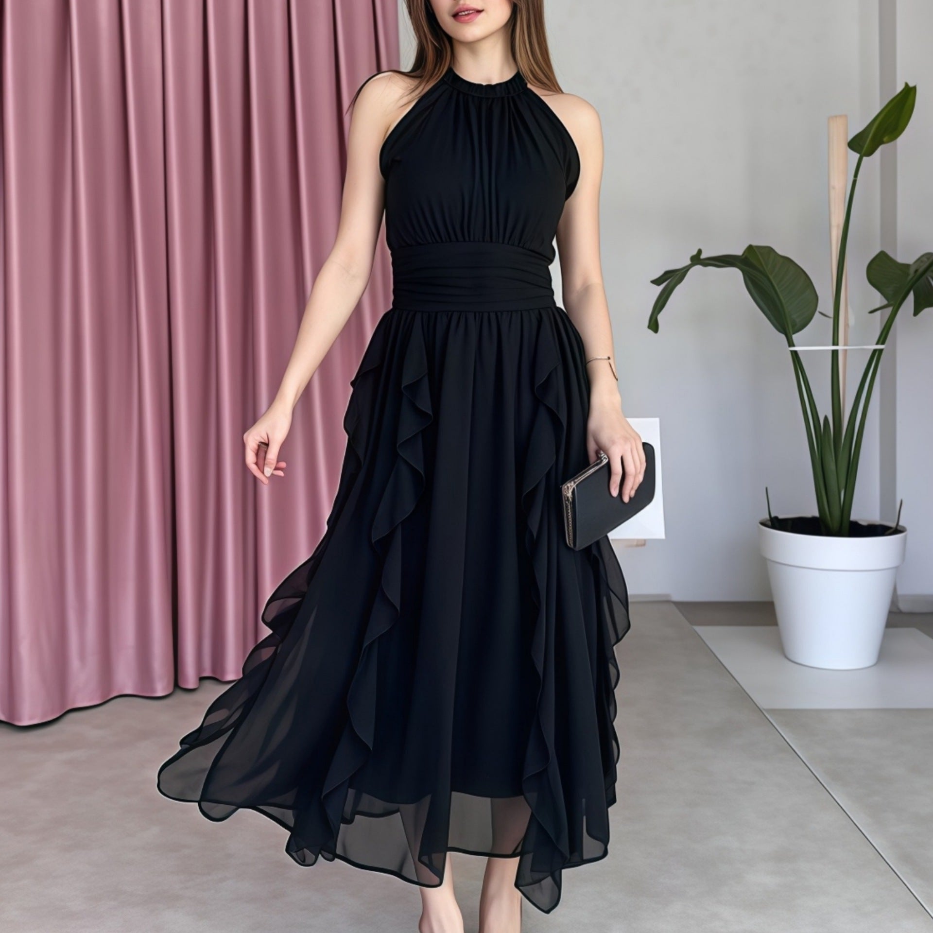 Summer Women's Chic Flounce Slim Waist Slim Fit Ruffled Dress