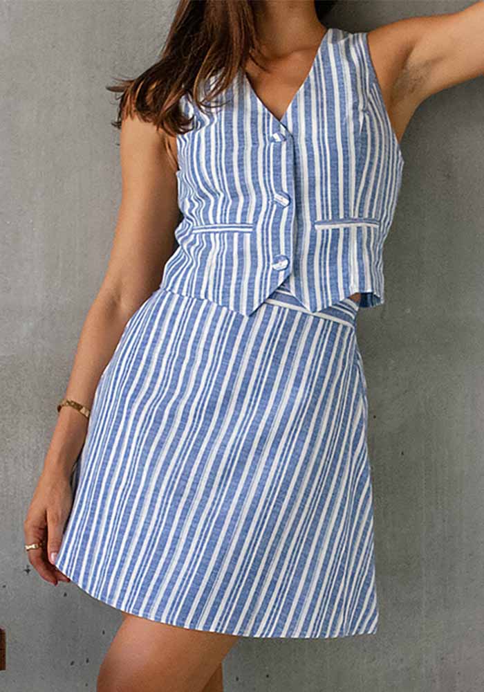 Women Striped V-Neck Sleeveless Top and Skirt Two-Piece