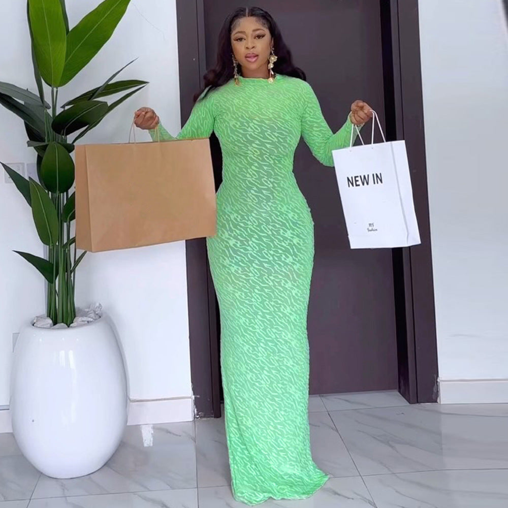 Autumn Round Neck Long Sleeve Flocking Slim Women Dress 4