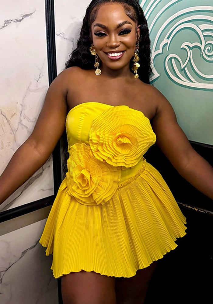 Women's Autumn Flower Decoration Strapless High Waist A-Line Short Dress