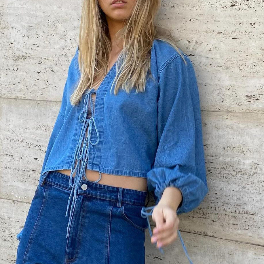 Women's Denim Jacket Y2K Bow Tie Long Sleeve Shirt Puff Sleeve Short Coat 4