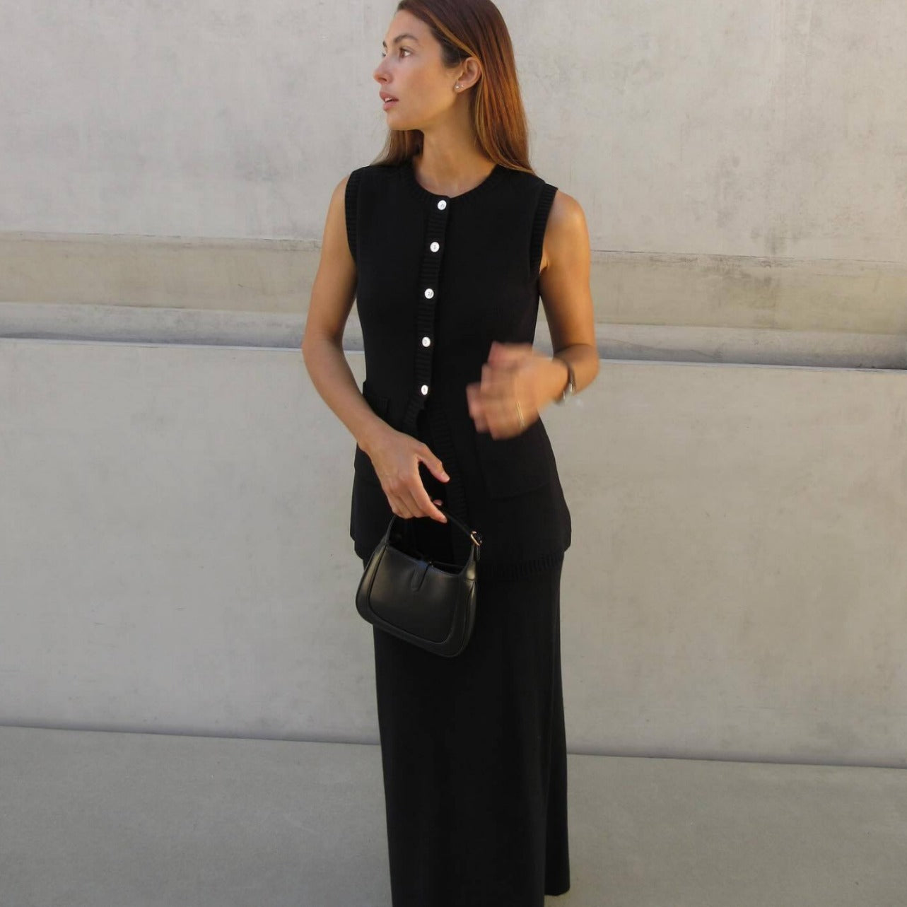 Women Sleeveless Pocket Knitting Vest and Slit Skirt Two Piece Set 9